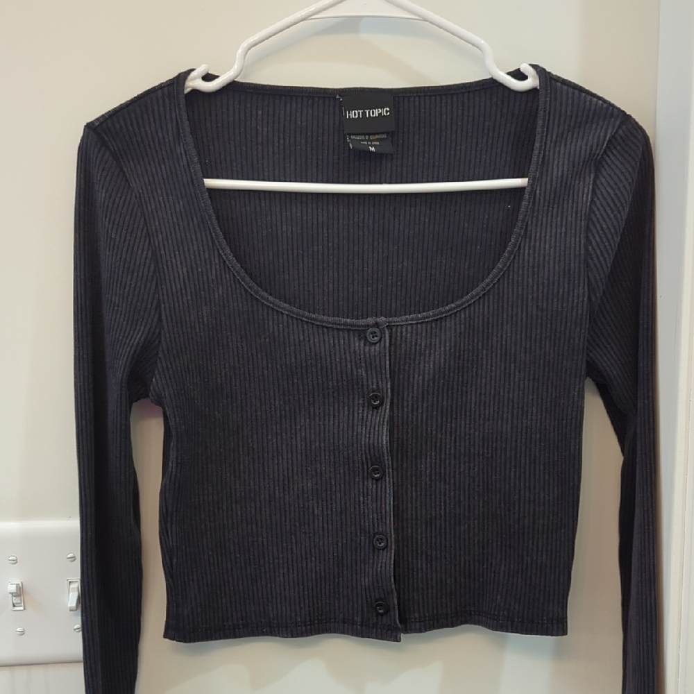 Hot Topic Black Ribbed Button-Up Cardigan Top Women's Medium Grunge Crop